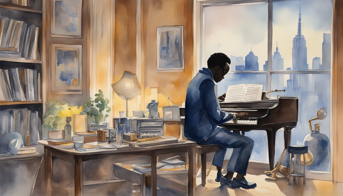 Miles Davis listens to jazz records, surrounded by musical instruments, in a dimly lit room with a window overlooking the city skyline