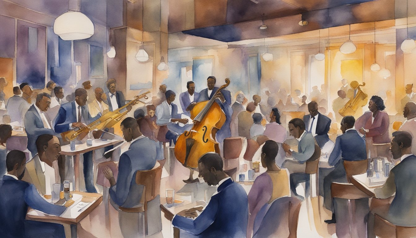 A crowded jazz club with modern technology in the background, showcasing the fusion of music and innovation in the biography of Miles Davis