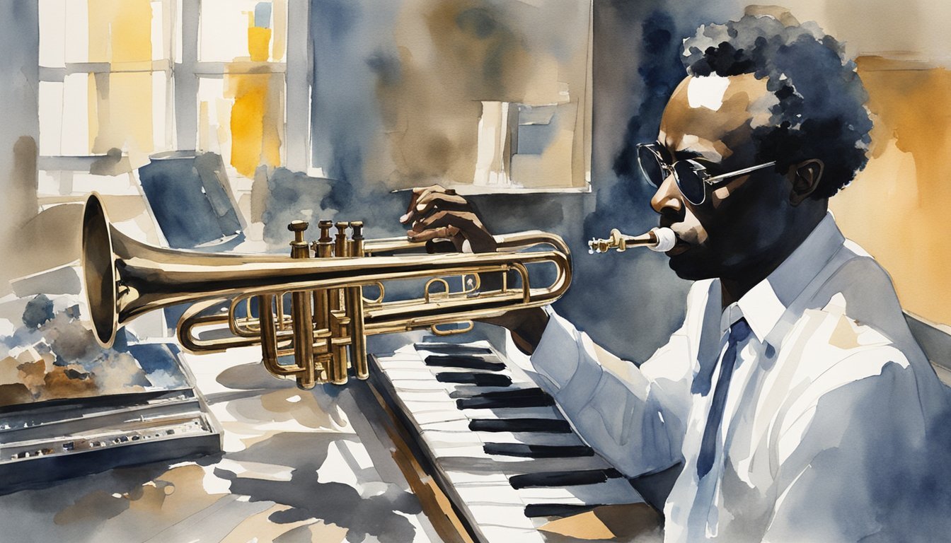 Miles Davis's later years show him composing music in a dimly lit studio.</p><p>His trumpet sits on a cluttered desk while he listens to jazz records.</p><p>A somber mood fills the room as he reflects on his legacy