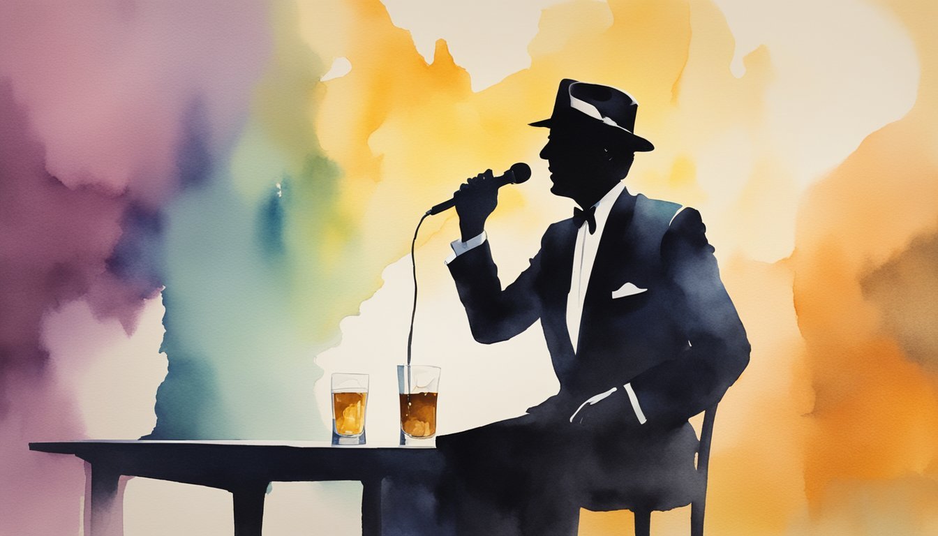 Dean Martin's silhouette against a glowing stage backdrop, with a microphone in hand and a glass of whiskey on the table