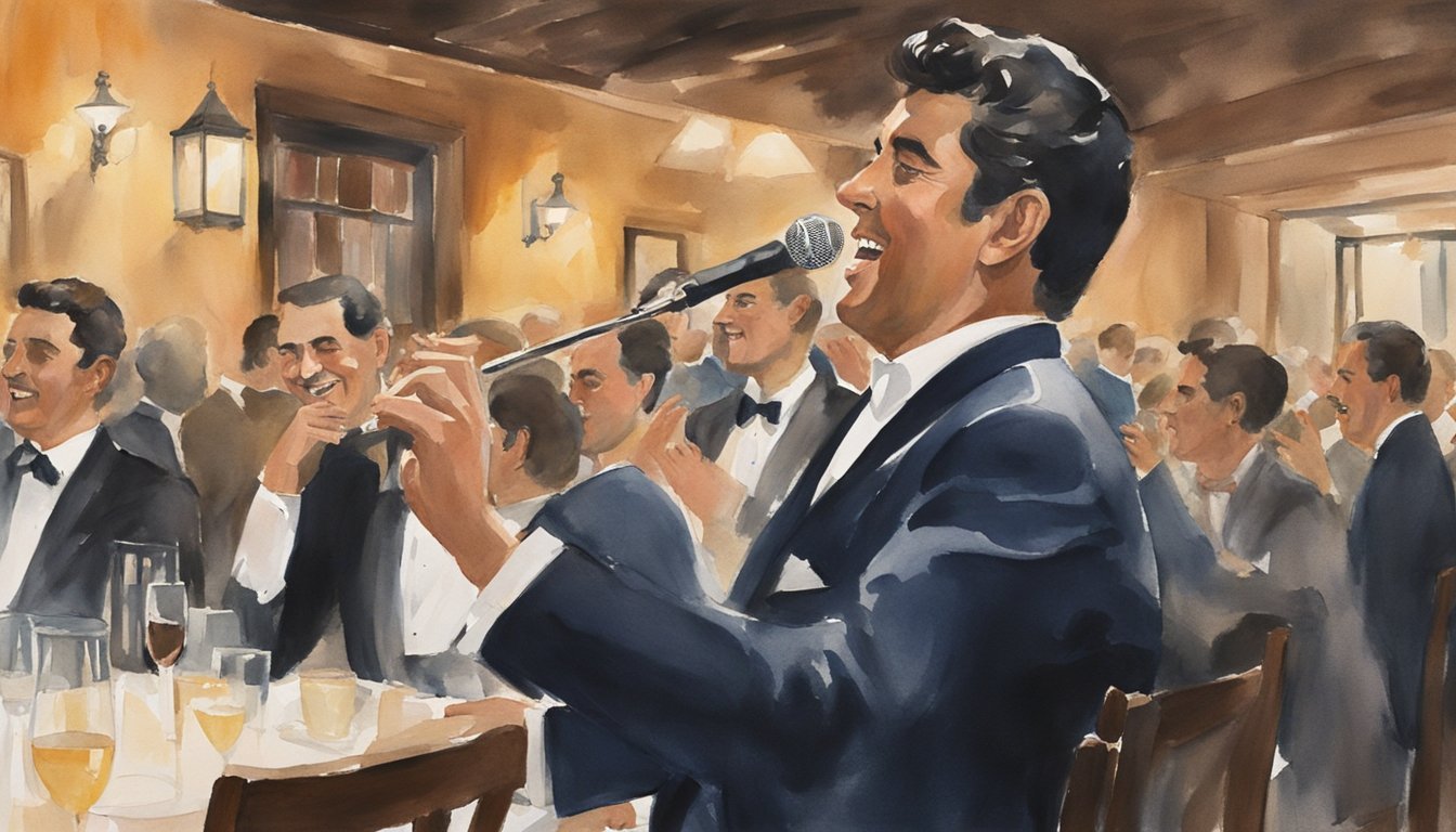 A young Dean Martin performs at a small Italian restaurant, singing passionately to a captivated audience.</p><p>The dimly lit room is filled with the sound of clinking glasses and laughter, creating a warm and intimate atmosphere