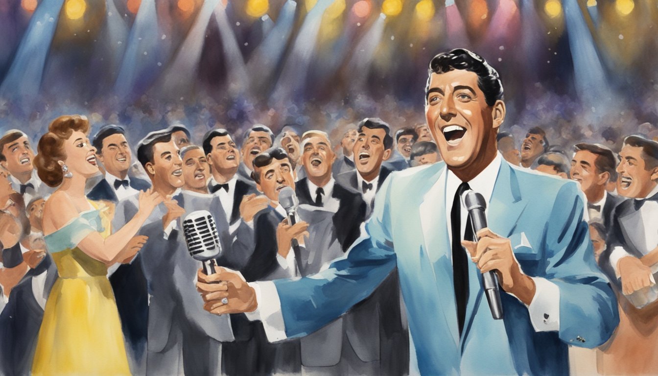 Dean Martin performing on stage with Jerry Lewis, surrounded by adoring fans and bright lights