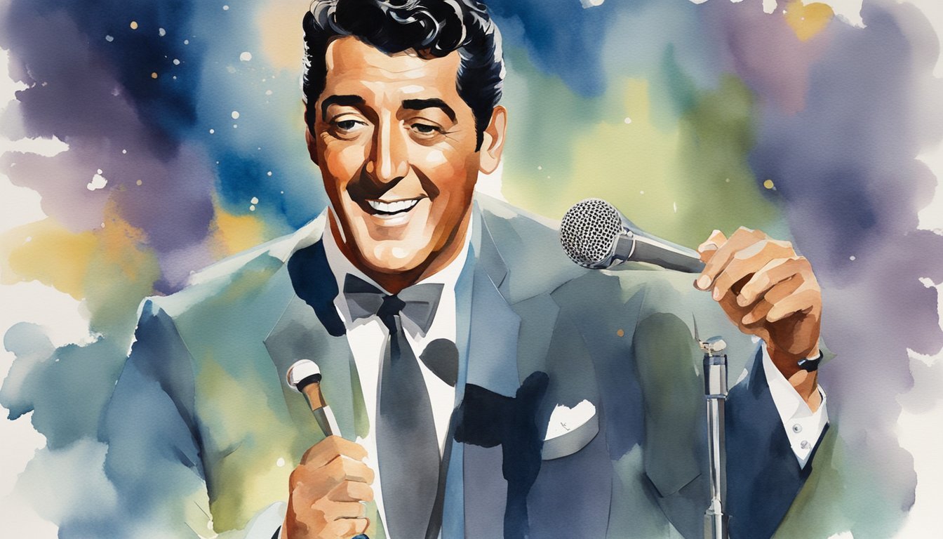 Dean Martin's iconic crooning fills the air as he performs on stage, his suave charm captivating the audience.</p><p>A film projector illuminates the background, showcasing his illustrious movie career