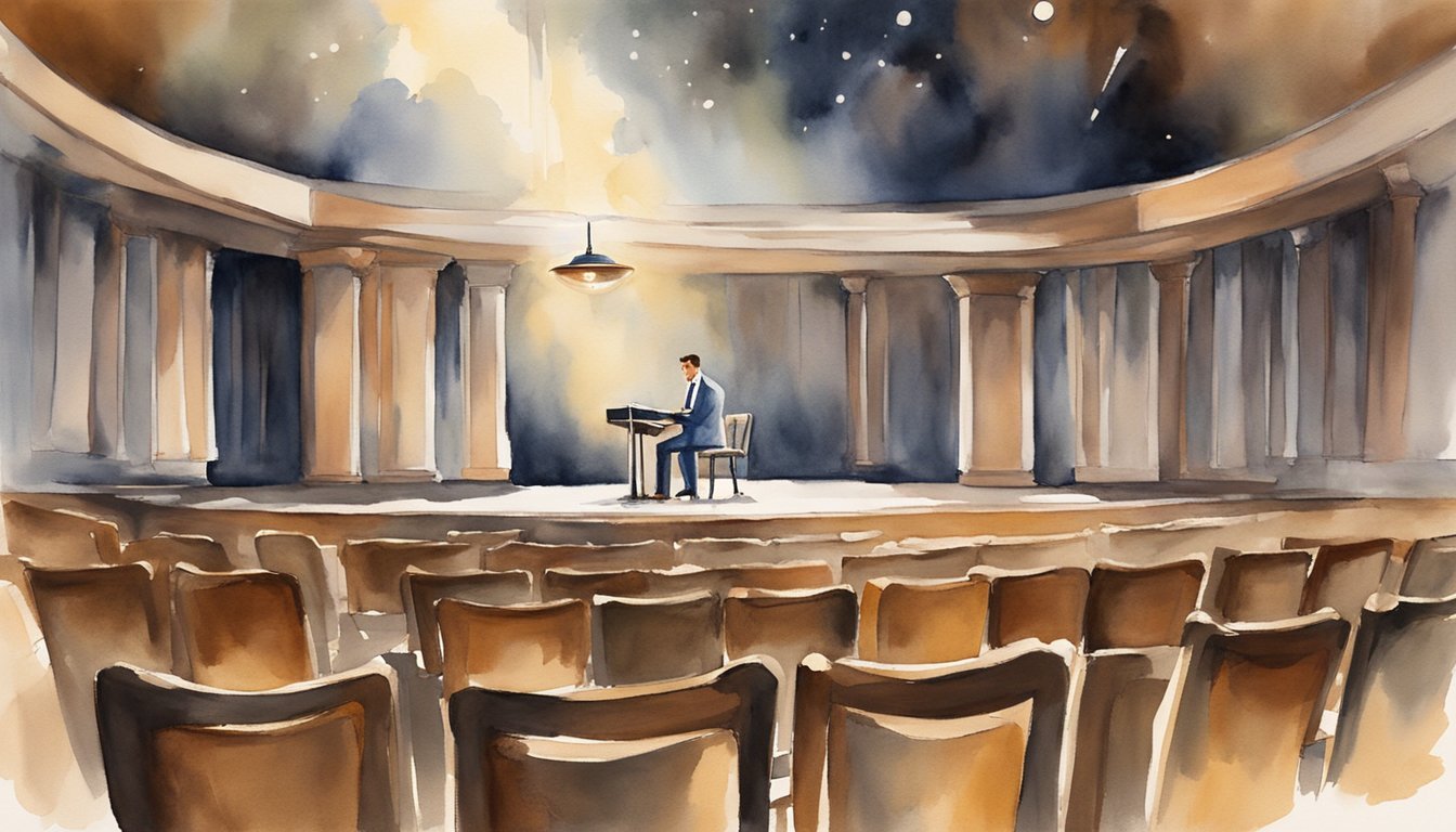 A microphone stands on a dimly lit stage, surrounded by empty chairs.</p><p>A spotlight shines down, casting a soft glow on the microphone, symbolizing the enduring legacy of Dean Martin's music and the emptiness left by his passing