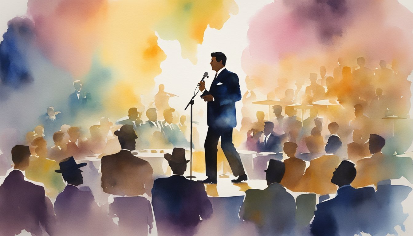 Dean Martin's silhouette stands on stage, surrounded by a lively audience.</p><p>His iconic microphone and a glass of whiskey sit on a nearby table