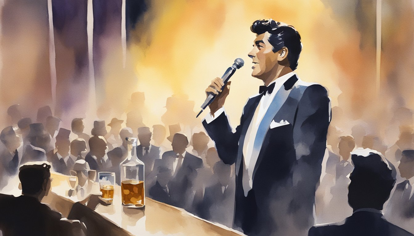 Dean Martin's silhouette against a glowing stage, with a microphone in hand and a glass of whiskey nearby.</p><p>The audience's faces are blurred in the background