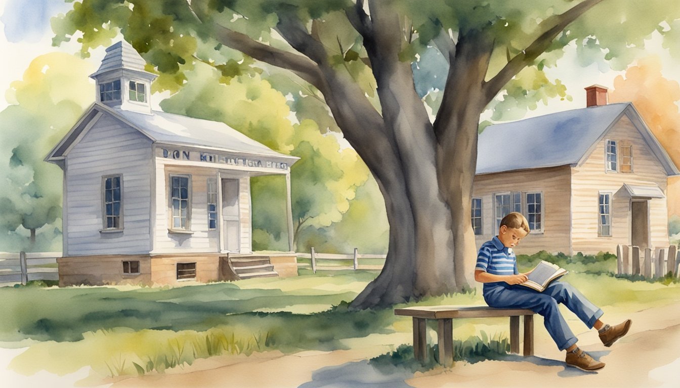 Don Knotts as a child, reading books under a tree in a small town, with a one-room schoolhouse in the background