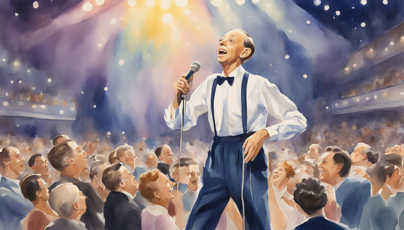 Don Knotts performing on stage, surrounded by a cheering audience and bright stage lights