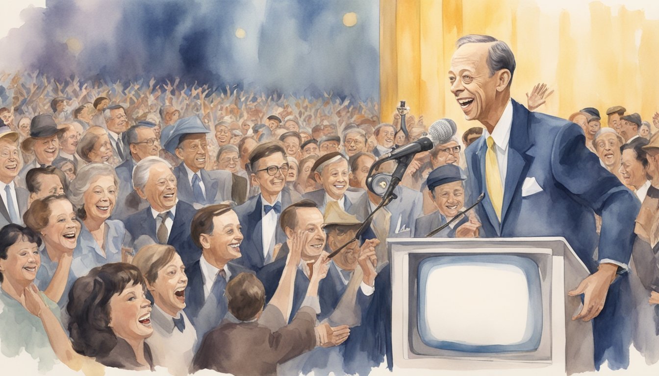 Don Knotts receiving an award on a TV stage, surrounded by cheering fans and flashing cameras