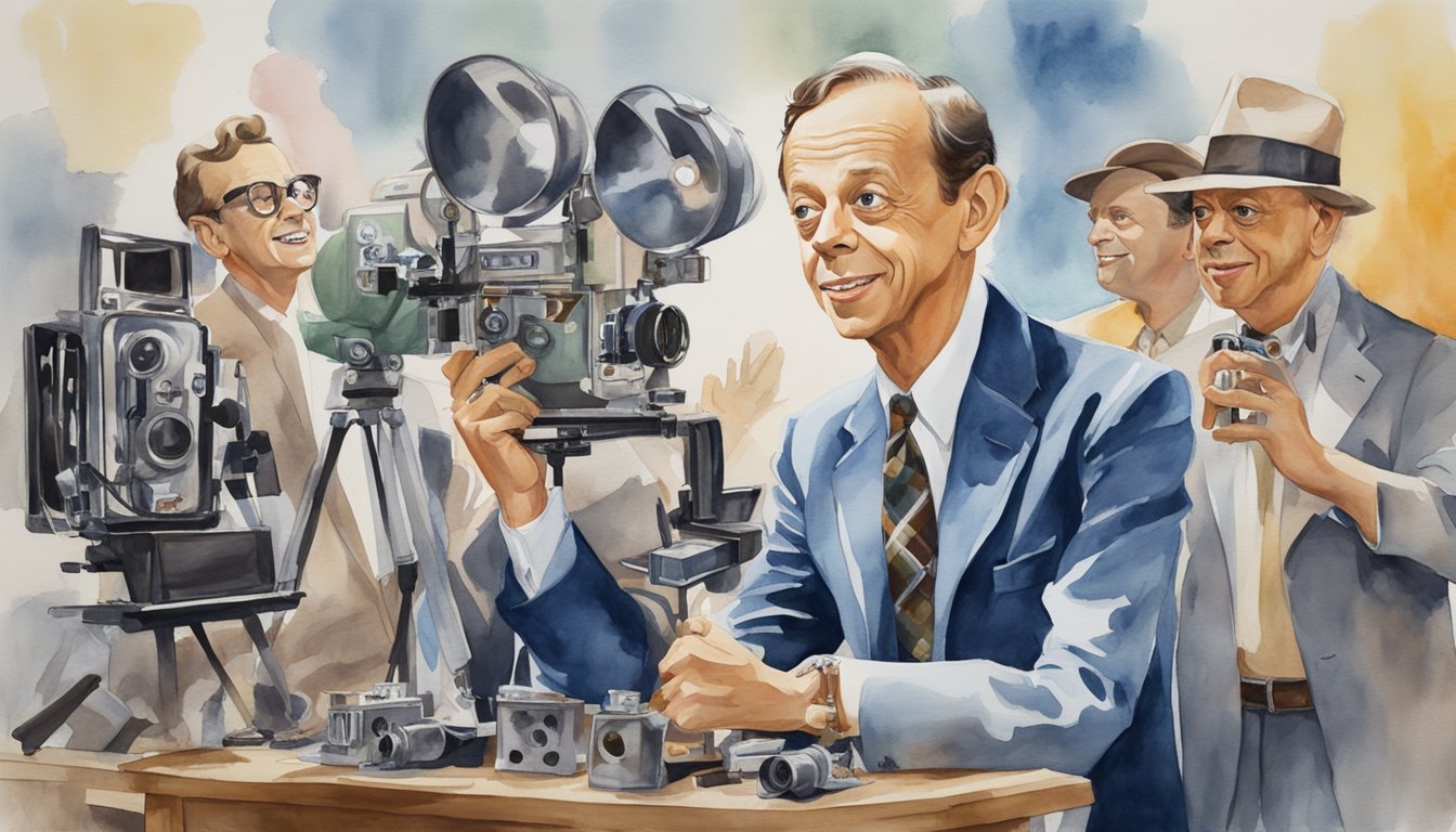 Don Knotts in iconic roles, surrounded by movie props and cameras