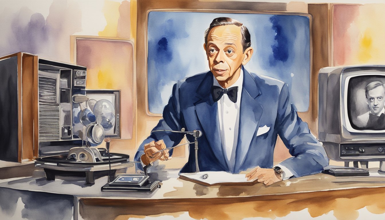 Don Knotts on TV sets, performing in various roles.</p><p>Awards and accolades displayed in the background.</p><p>Bright lights and cameras capturing his iconic performances