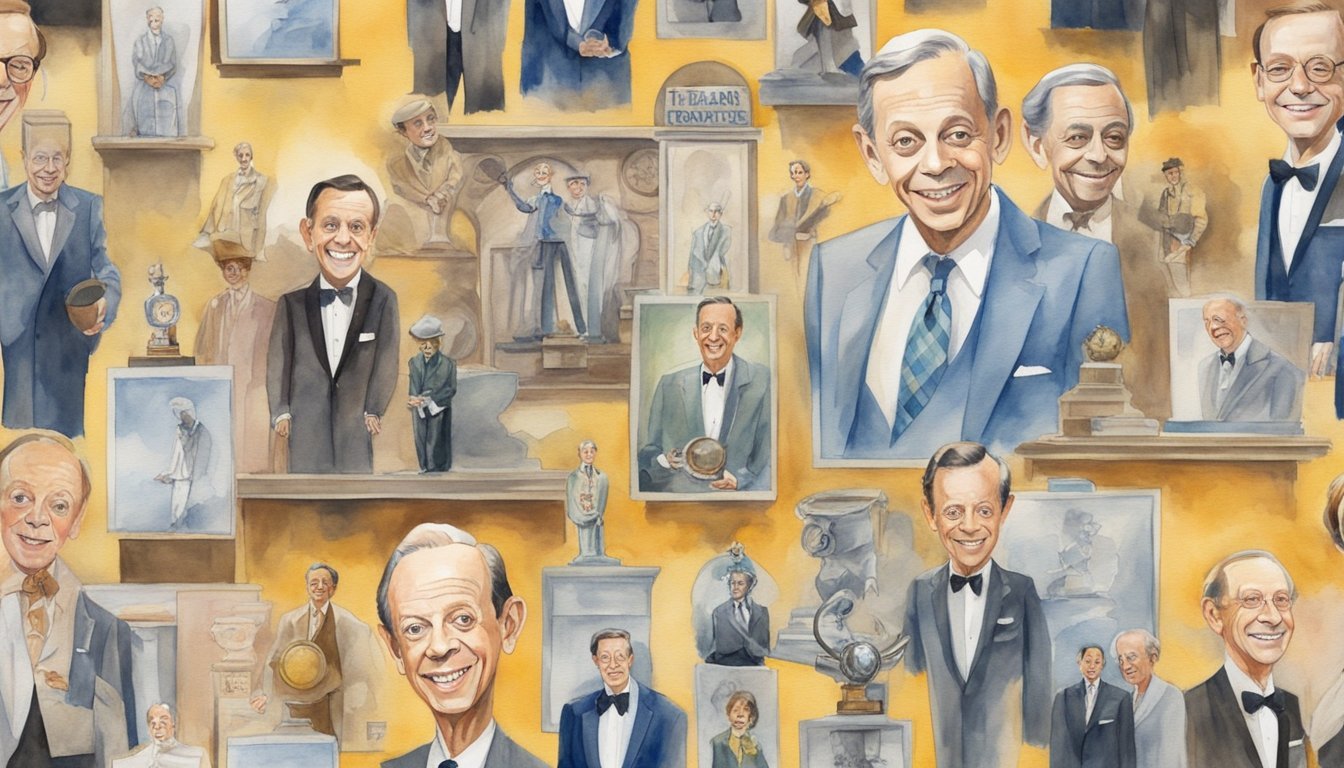 A display of Don Knotts' awards, photos, and iconic characters, paying tribute to his comedic legacy and lasting impact in entertainment