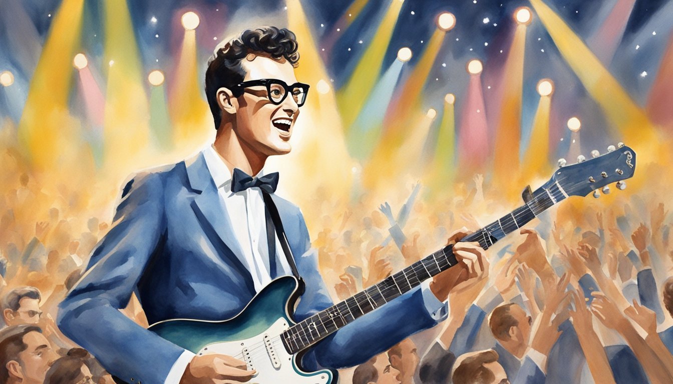 Buddy Holly strums his guitar on stage, surrounded by cheering fans and bright stage lights.</p><p>His iconic glasses and slicked-back hair capture the essence of 1950s rock and roll