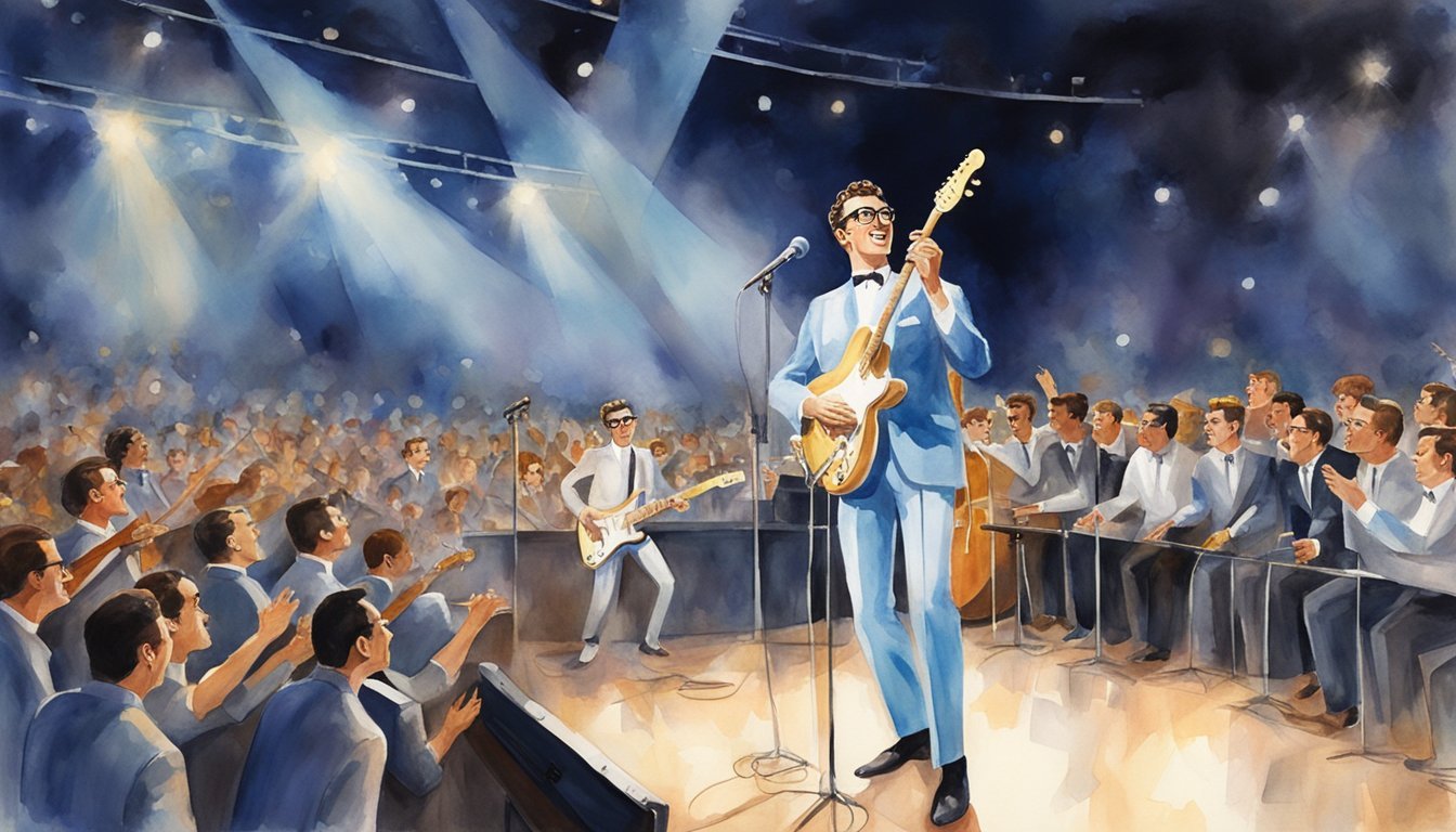 Buddy Holly performs on stage to a cheering crowd, surrounded by his band members and a backdrop of bright lights and a lively atmosphere