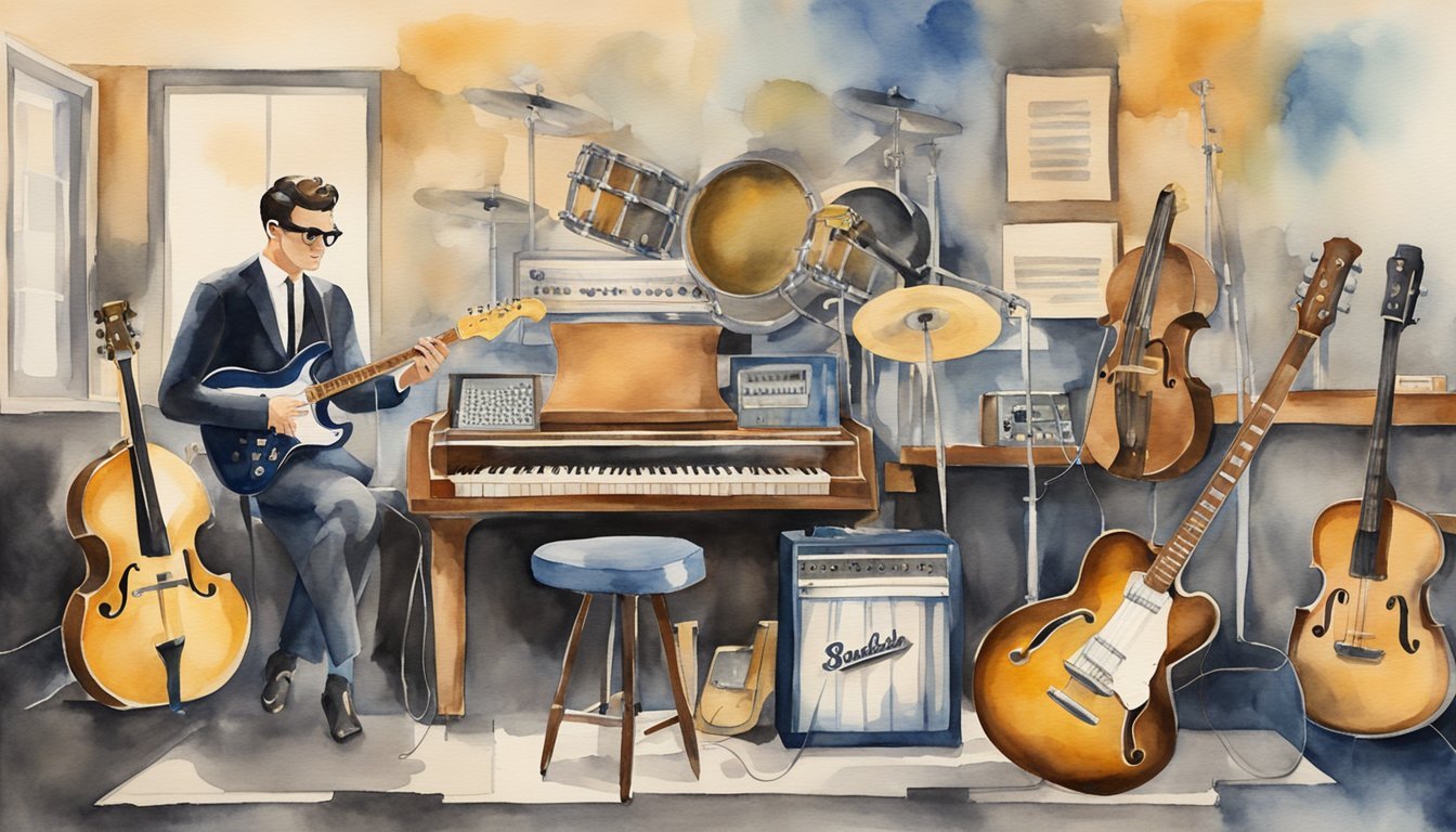 Buddy Holly's music style and influence portrayed through iconic instruments and records in a vintage recording studio setting