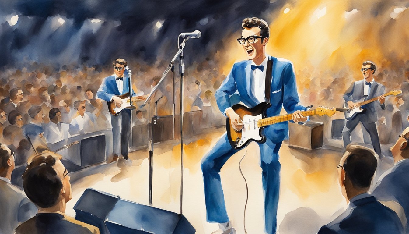 Buddy Holly performs on stage with his band, captivating the audience with his energetic and charismatic presence.</p><p>The crowd cheers and dances along to the upbeat music, creating a lively and electric atmosphere