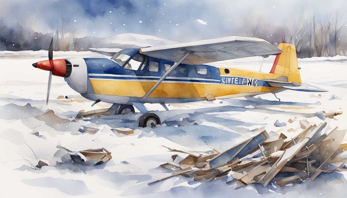 A small plane lies in pieces on a snowy field.</p><p>Debris is scattered around, and emergency responders are on the scene