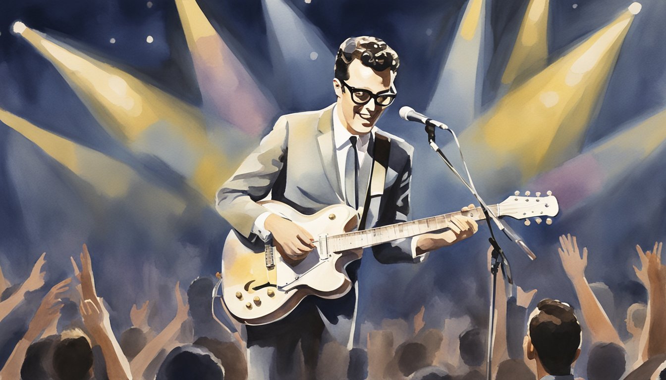 Buddy Holly's iconic glasses and guitar sit on a stage, illuminated by a spotlight, with a crowd of cheering fans in the background