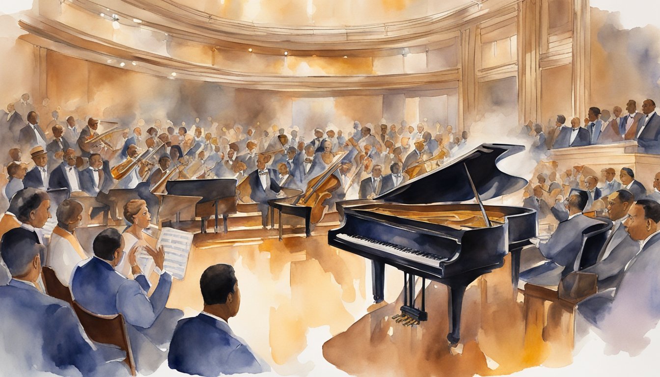 Duke Ellington's piano sits on a grand stage, surrounded by a jazz band and a captivated audience.</p><p>The spotlight shines on the iconic instrument, symbolizing the legendary musician's enduring legacy