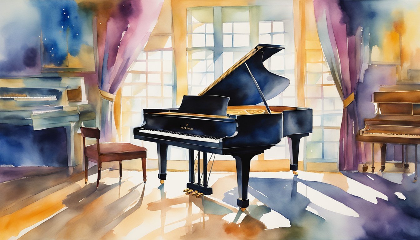 Duke Ellington's piano sits center stage, surrounded by swirling musical notes and vibrant colors, capturing the essence of his iconic hit songs and timeless masterpieces