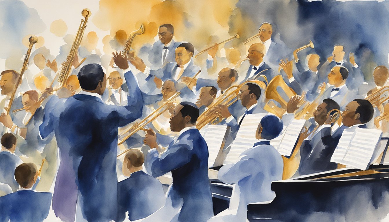 Ellington's band performs on stage, instruments in hand.</p><p>The audience cheers as the musicians play, capturing the energy and passion of Duke Ellington's iconic jazz music