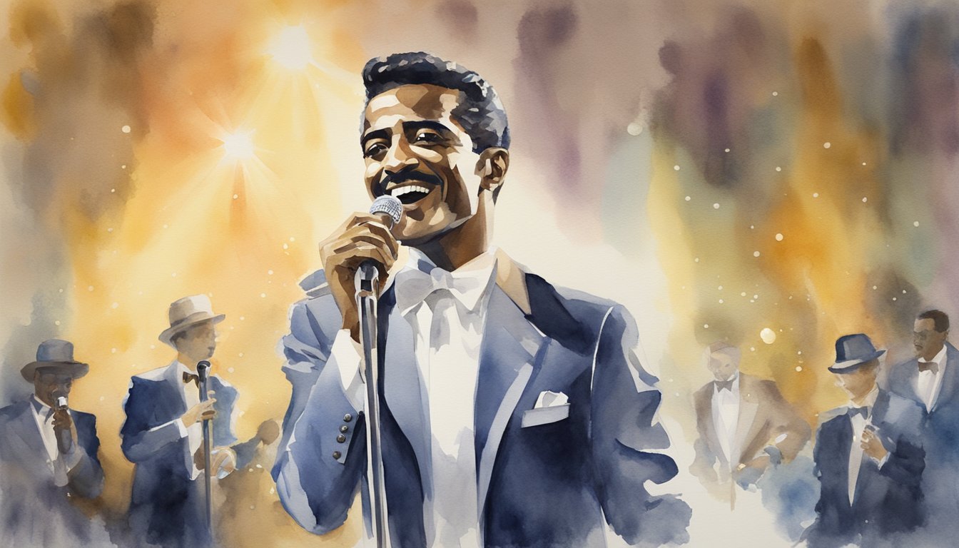 Sammy Davis Jr. performing on stage with a microphone and a spotlight shining on him