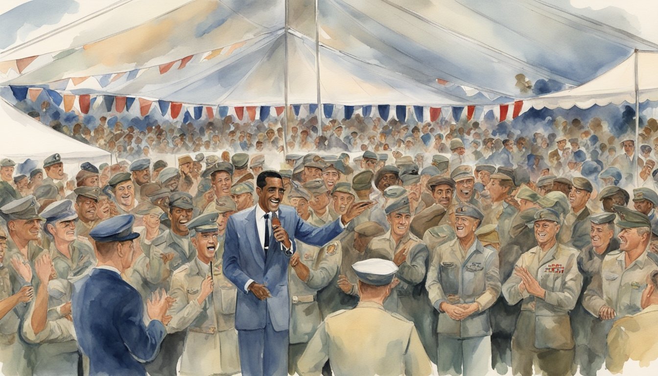 Sammy Davis Jr. performs for soldiers in a crowded army tent, surrounded by cheering troops and patriotic decorations