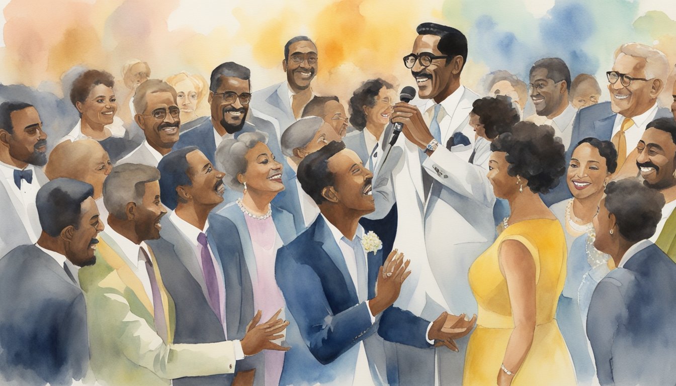 Sammy Davis Jr. stands on stage, surrounded by friends and family, sharing his beliefs and experiences in a heartfelt conversation