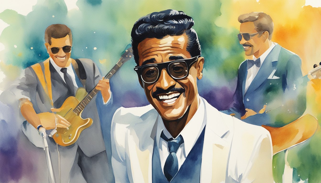 Sammy Davis Jr.'s life story through his music and movies, from his early days to his rise to fame, captured in a dynamic and vibrant illustration