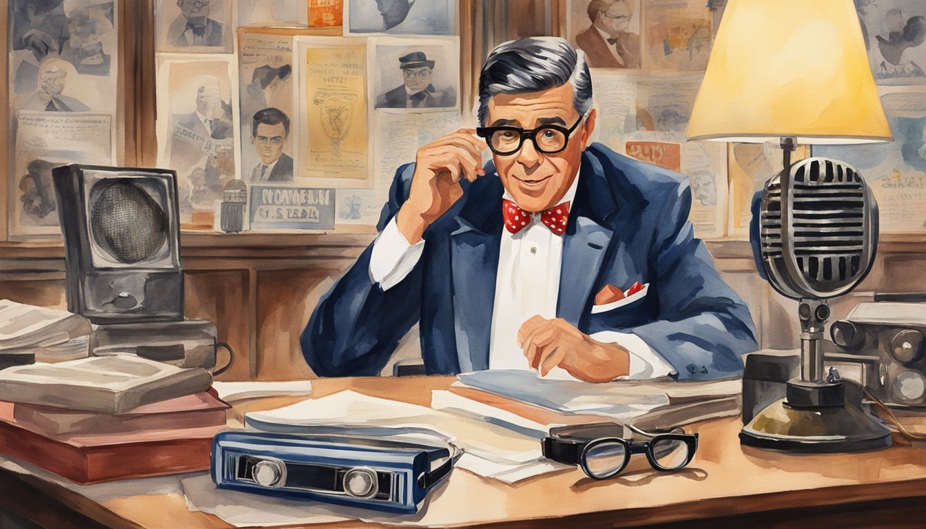 Jerry Lewis' iconic bowtie and oversized glasses on a cluttered desk with a vintage microphone and old movie posters in the background