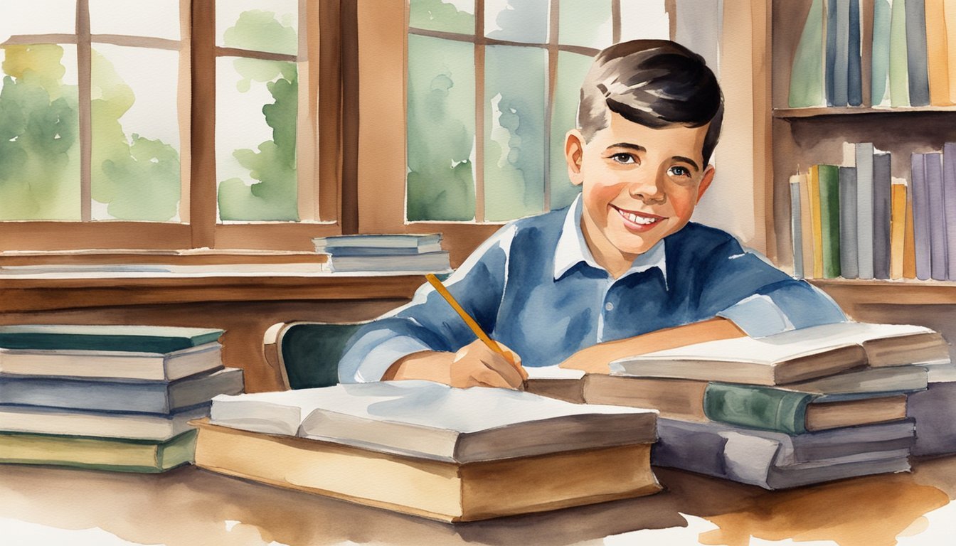 Jerry Lewis as a child, surrounded by books and a chalkboard, eagerly learning and absorbing knowledge in a cozy, well-lit classroom