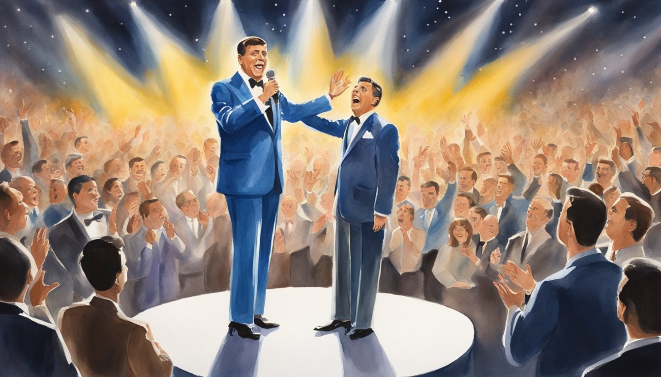 Jerry Lewis stands triumphantly on stage, bathed in a spotlight, as a cheering crowd surrounds him.</p><p>His name is emblazoned in bright lights above, symbolizing his solo success