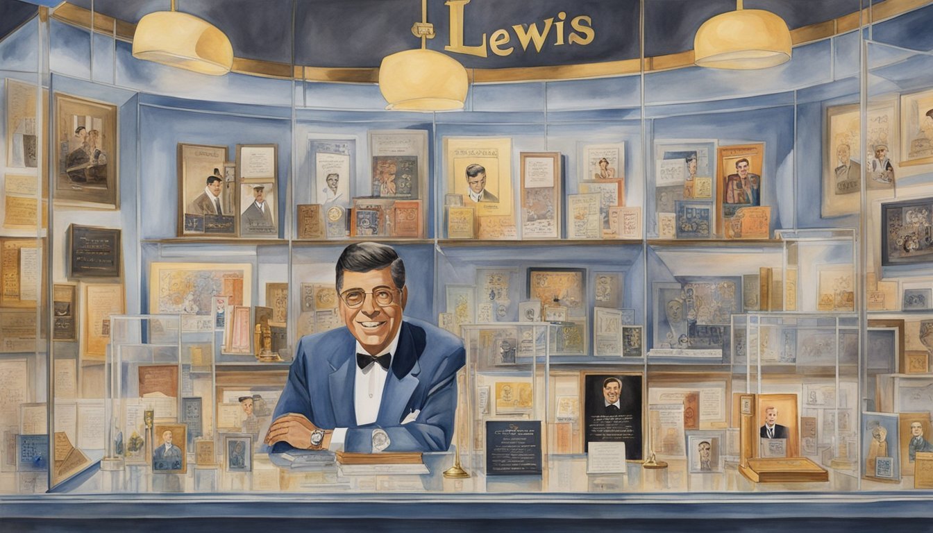 Jerry Lewis' biography cover features awards and accolades arranged in a display case, with spotlights illuminating the achievements