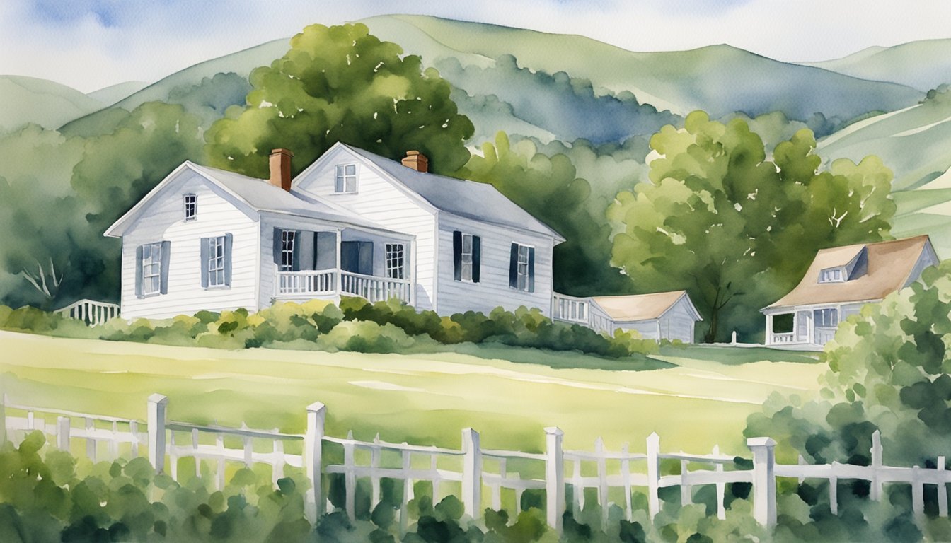 Andy Griffith's childhood home, a small white house surrounded by rolling green hills, with a one-room schoolhouse in the distance