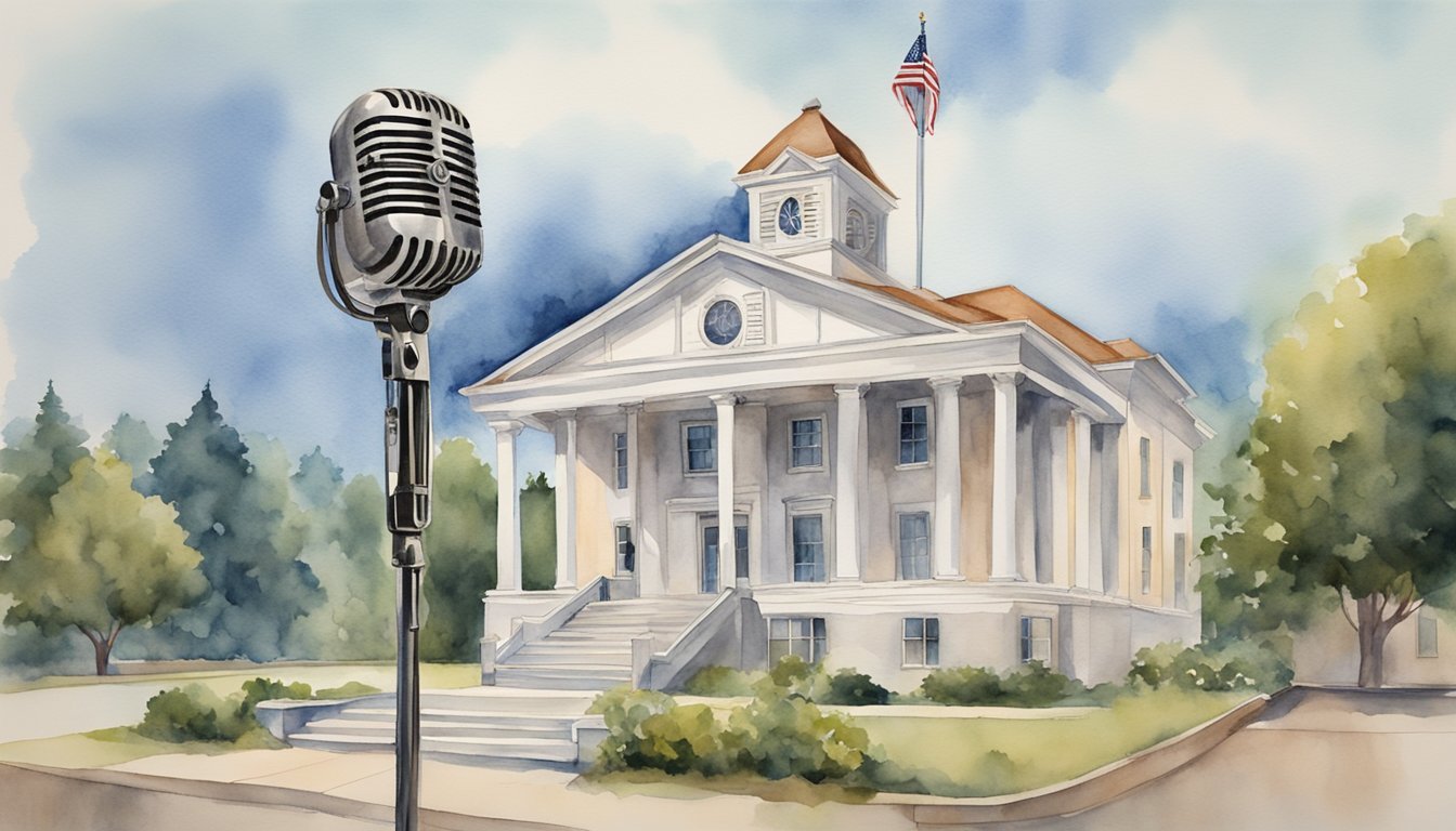 Andy Griffith's rise to stardom: a small town backdrop, a humble courthouse, and a vintage microphone on a stage