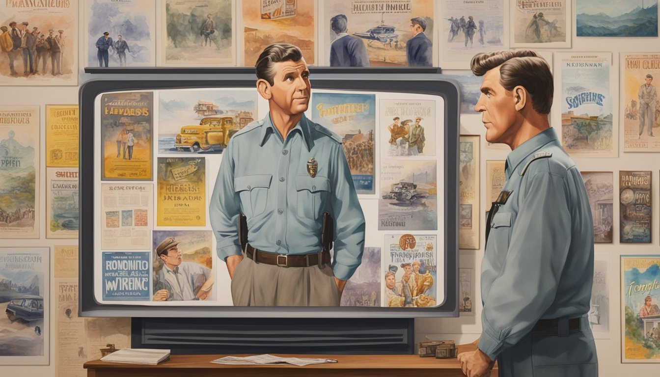 Andy Griffith's filmography displayed on a large screen with movie posters and titles in the background