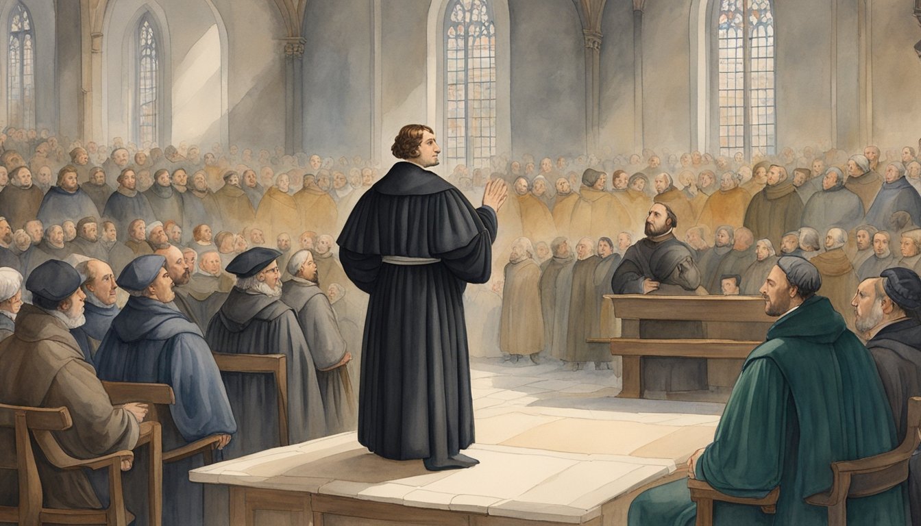 Martin Luther stands before the Diet of Worms, boldly defending his beliefs.</p><p>The room is filled with influential figures, all eyes fixed on him.</p><p>The tension is palpable as he speaks with unwavering conviction