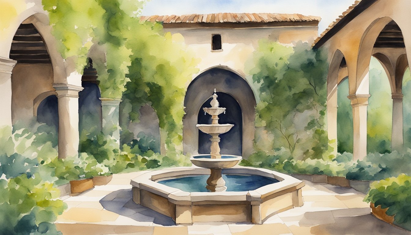 A serene monastery courtyard with a stone fountain, surrounded by lush greenery and ancient architecture, evoking a sense of peace and spiritual contemplation