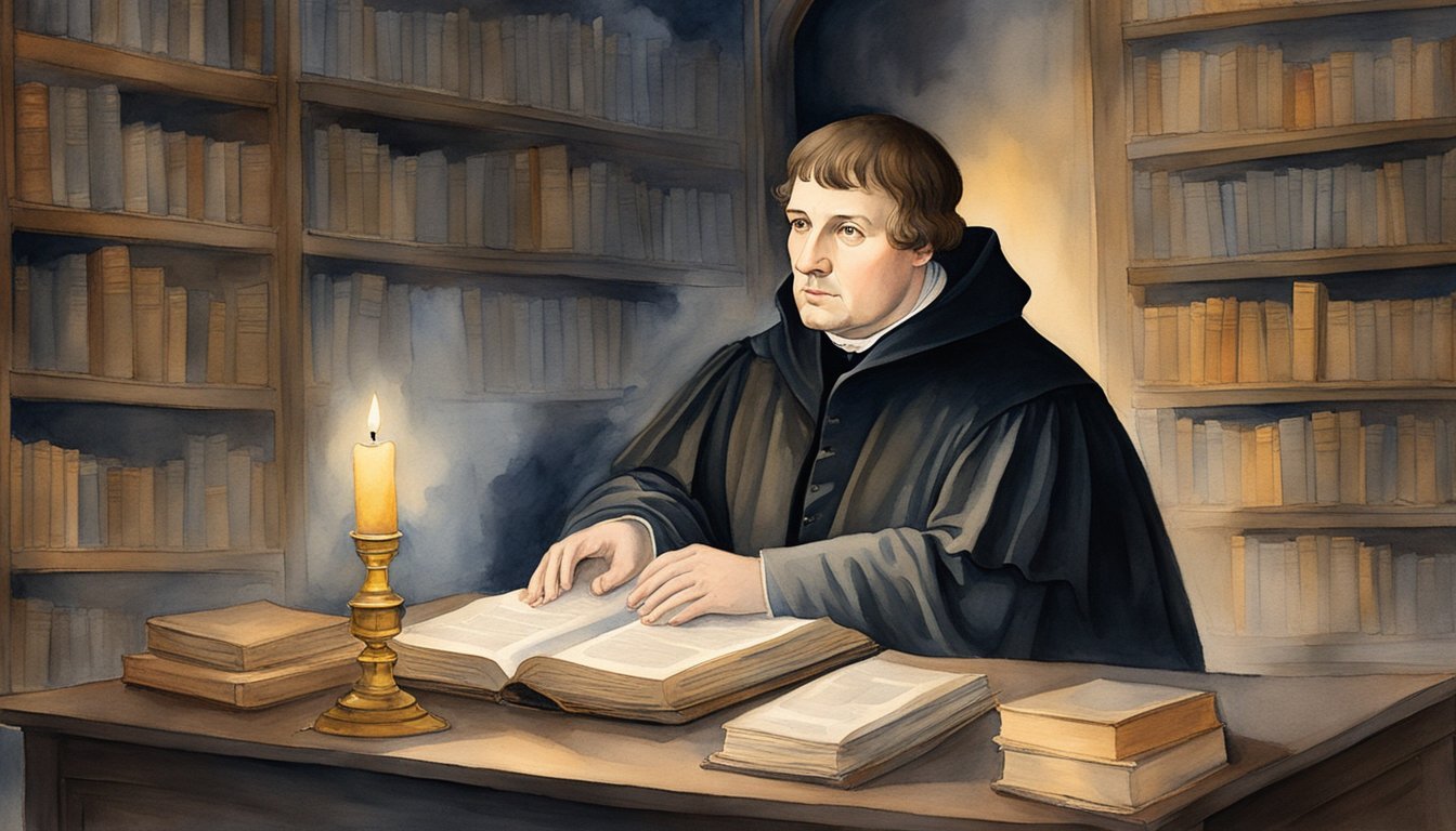 Martin Luther translating in hiding, surrounded by books and manuscripts, with a candle flickering in the dimly lit room