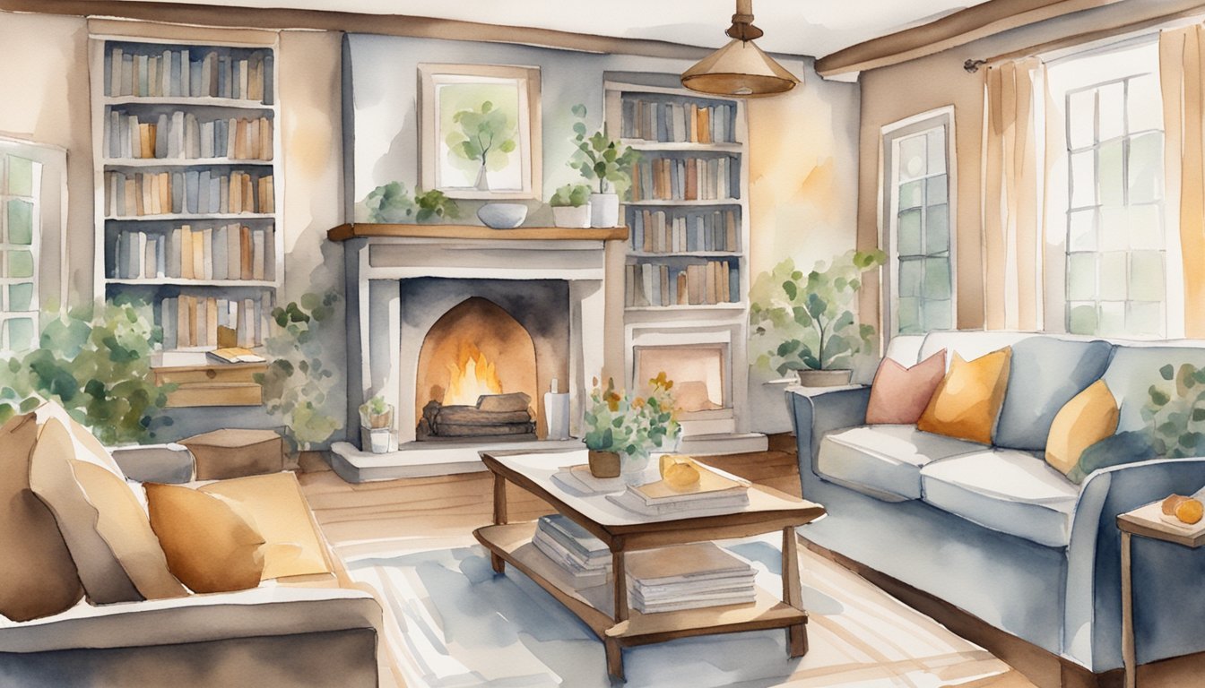 A cozy living room with a fireplace, bookshelves, and family photos.</p><p>A dining table set for a meal, with a Bible open and a handwritten letter on the table