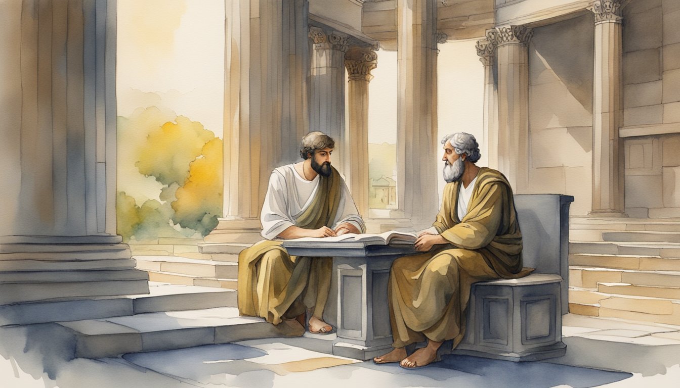 Aristotle studying under the guidance of his mentor, Plato, in the ancient Greek city of Athens.</p><p>The young philosopher is engrossed in deep contemplation, surrounded by scrolls and books