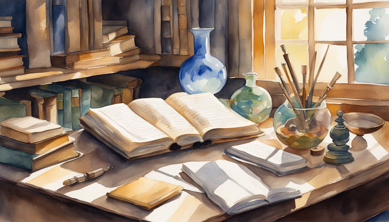 Aristotle's study: books, scrolls, and scientific instruments cover the cluttered desk.</p><p>Sunlight streams through a window, casting shadows on the ancient philosopher's writings