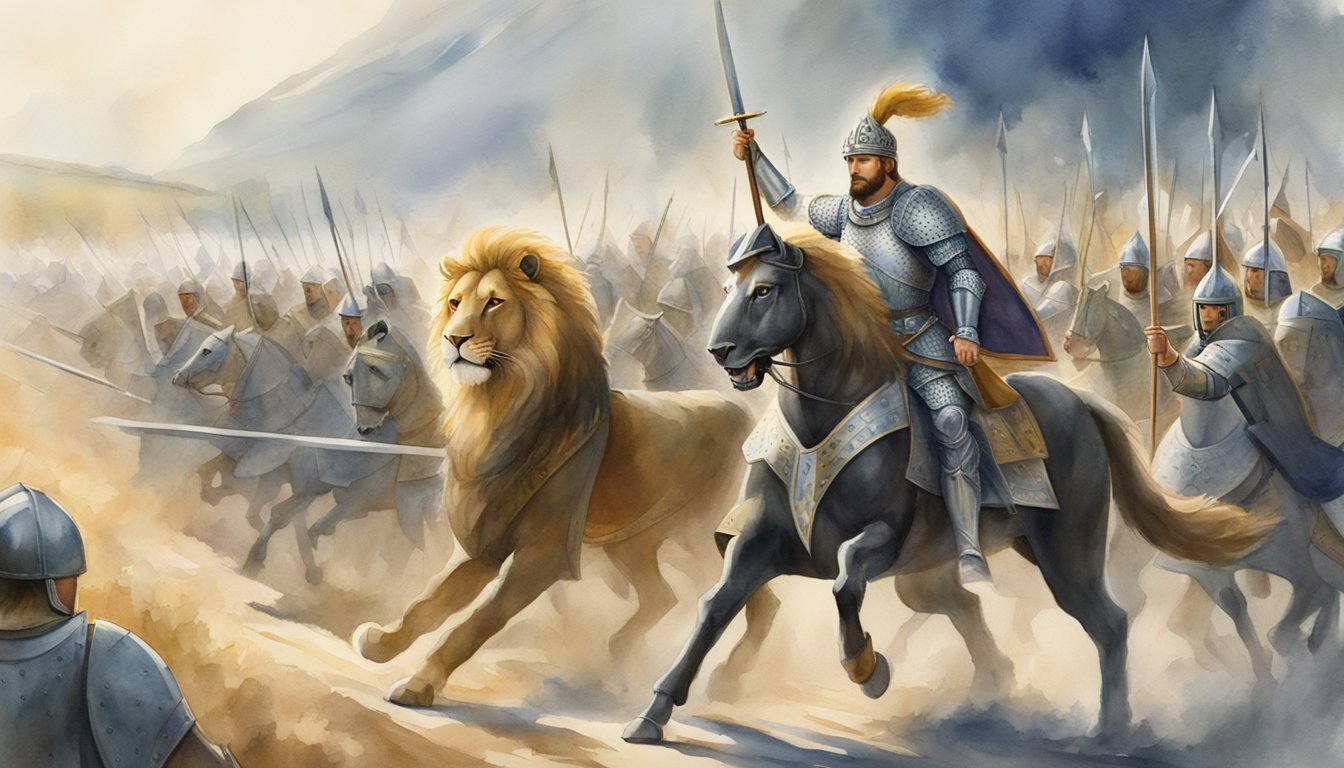 Richard the Lionheart leading his army into battle, clad in shining armor and wielding a mighty sword, with a fierce lion by his side