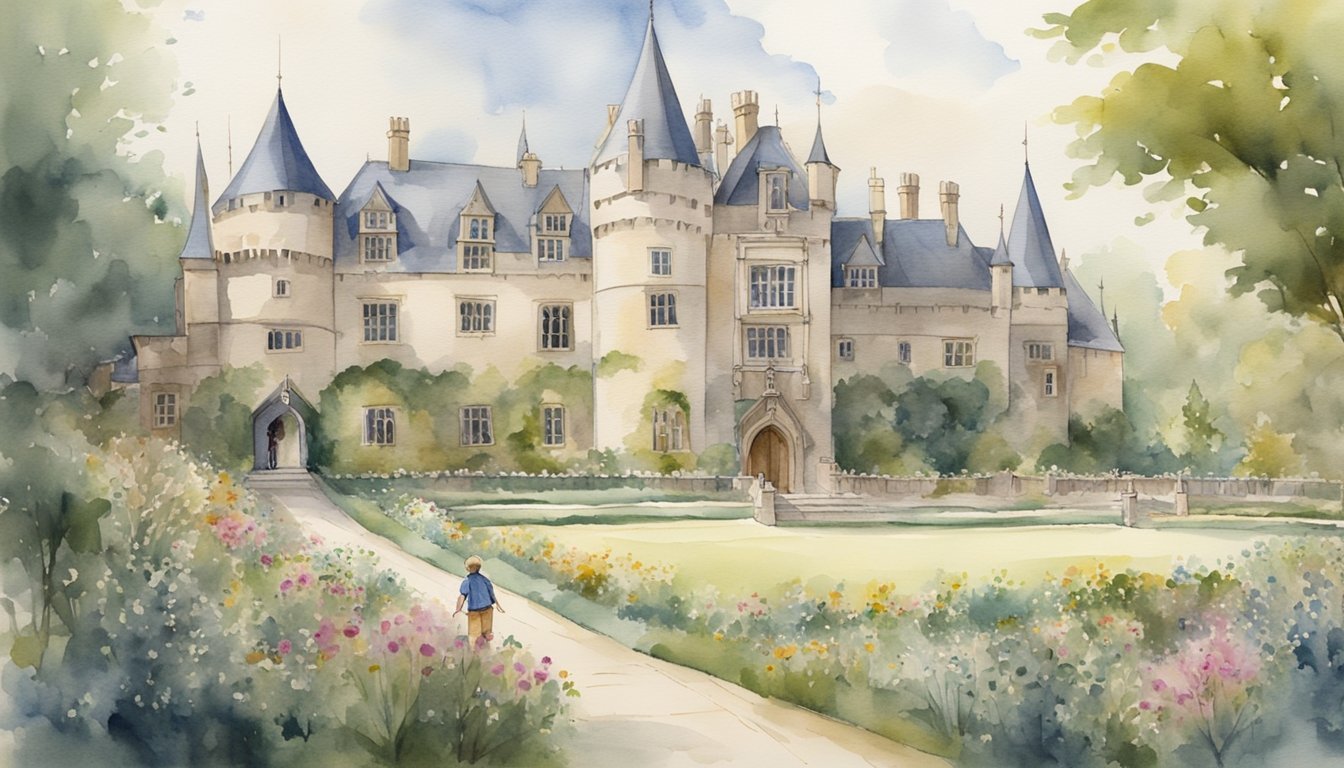 Richard's childhood home, a grand castle nestled in the English countryside, with sprawling gardens and a towering keep.</p><p>A young prince plays in the courtyard, surrounded by noble knights and regal banners