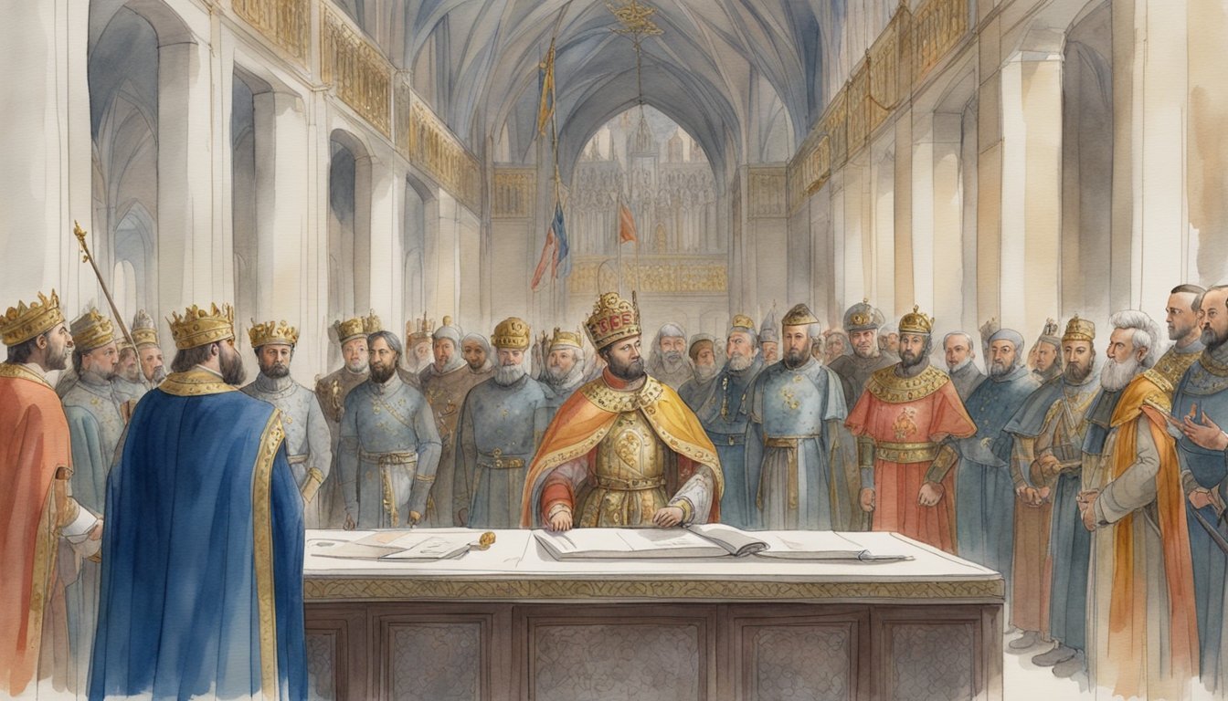 Richard the Lionheart signing a treaty with a foreign leader, surrounded by advisors and guards in a grand hall