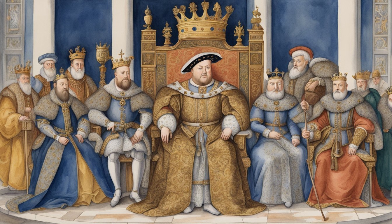 King Henry VIII sits on a throne, surrounded by royal symbols and courtiers.</p><p>He exudes power and authority, with a stern expression on his face