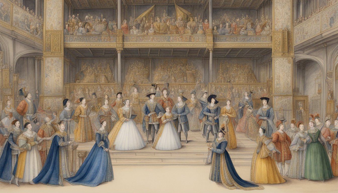 A grand royal court with musicians, dancers, and artists showcasing the cultural influence and artistic patronage of King Henry VIII