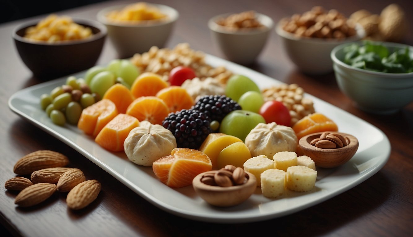 A table with six colorful vegan snacks arranged neatly on a plate.</p><p>Ingredients like fruits, nuts, and vegetables are visible.</p><p>Bright lighting highlights the freshness of the snacks