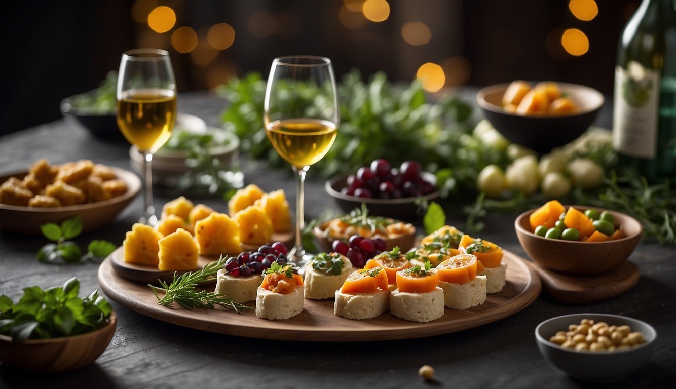 A table set with 6 colorful vegan appetizers, displayed on decorative platters with fresh herbs and garnishes.</p><p>Glasses of wine and a festive atmosphere complete the scene