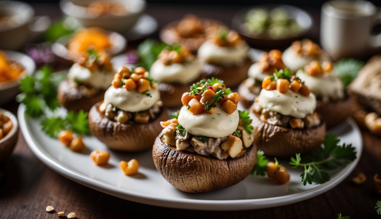 A platter of stuffed mushrooms topped with cashew cream, surrounded by colorful vegan appetizers